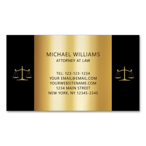 Elegant Gold on Black Scales of Justice Lawyer Business Card Magnet