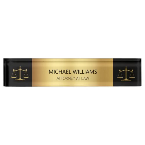 Elegant Gold on Black Scales of Justice Lawyer Desk Name Plate