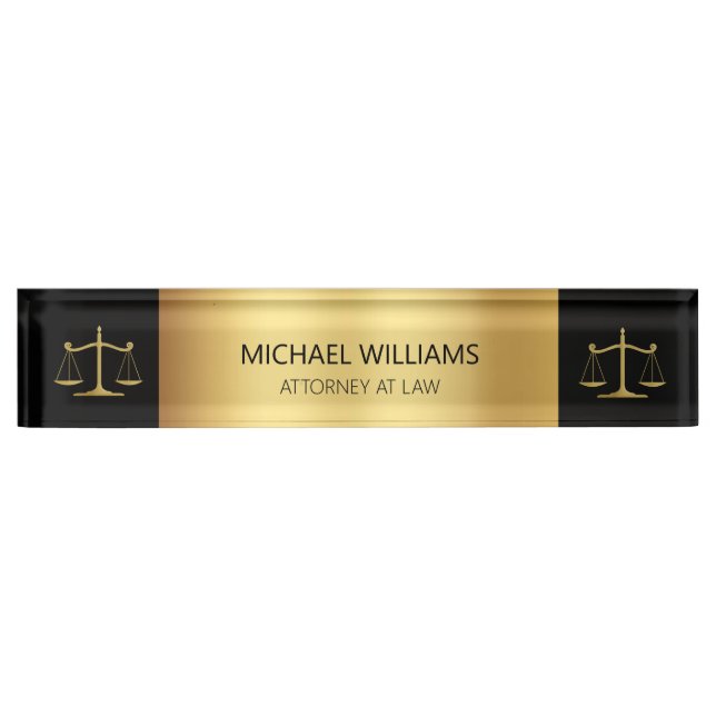 Elegant Gold on Black Scales of Justice Lawyer Desk Name Plate (Front)