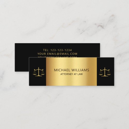 Elegant Gold on Black Scales of Justice Lawyer Mini Business Card