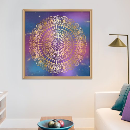 Elegant Gold on Bright Nebula Lotus Henna Mandala Poster