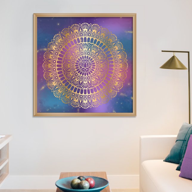 Elegant Gold on Bright Nebula Lotus Henna Mandala Poster (Creator Uploaded)