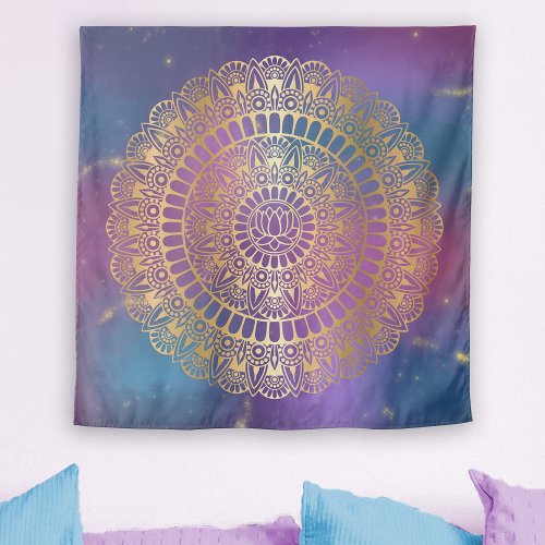 Elegant Gold on Bright Nebula Lotus Henna Mandala Tapestry