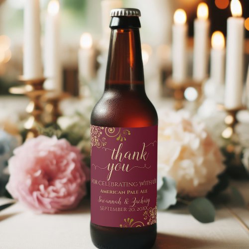 Elegant Gold on Burgundy Maroon Wedding Thank You Beer Bottle Label