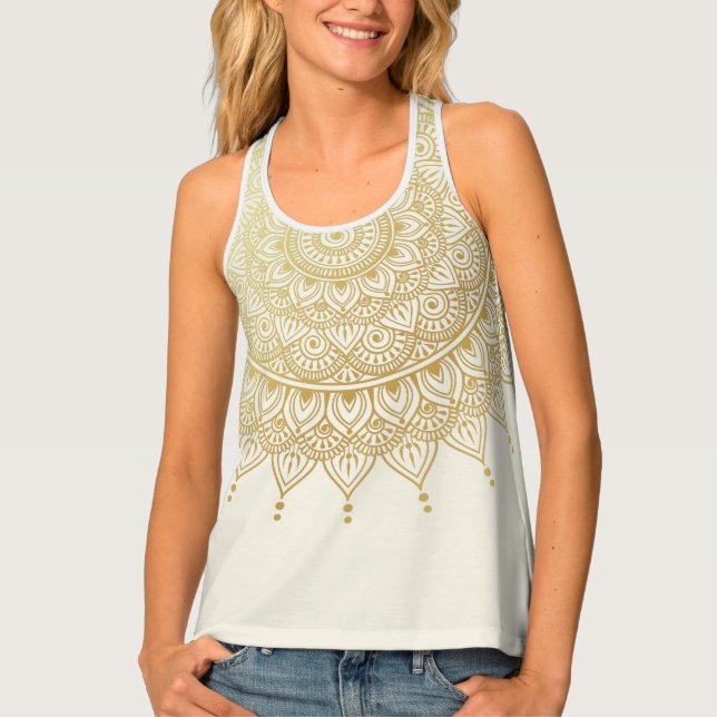Elegant Gold on Cream Floral Henna Mandala Tank To (Front)