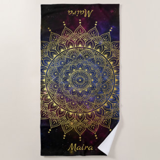 Elegant Gold on Dark Nebula Floral Henna Mandala Beach Towel