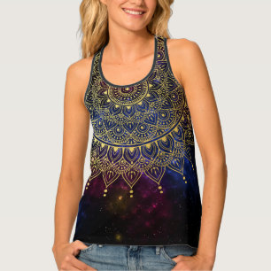 Elegant Gold on Dark Nebula Floral Henna Mandala Tank Top