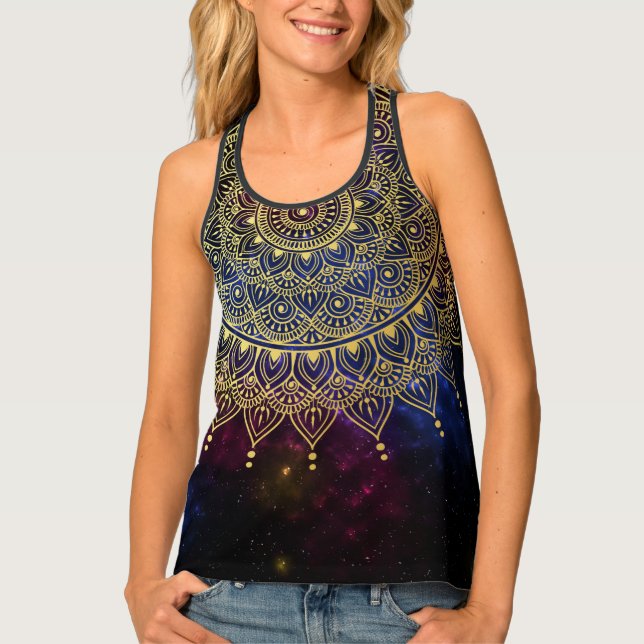 Elegant Gold on Dark Nebula Floral Henna Mandala Tank Top (Front)