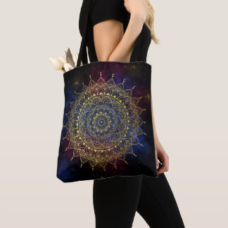 Elegant Gold on Dark Nebula Floral Henna Mandala Tote Bag
