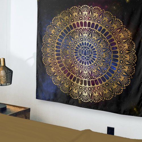 Elegant Gold on Dark Nebula Lotus Henna Mandala Tapestry