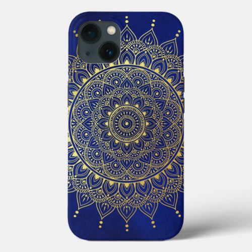 Elegant Gold on Deep Blue Floral Henna Mandala iPhone 13 Case