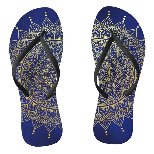 Elegant Gold on Deep Blue Floral Henna Mandala Flip Flops (Footbed)