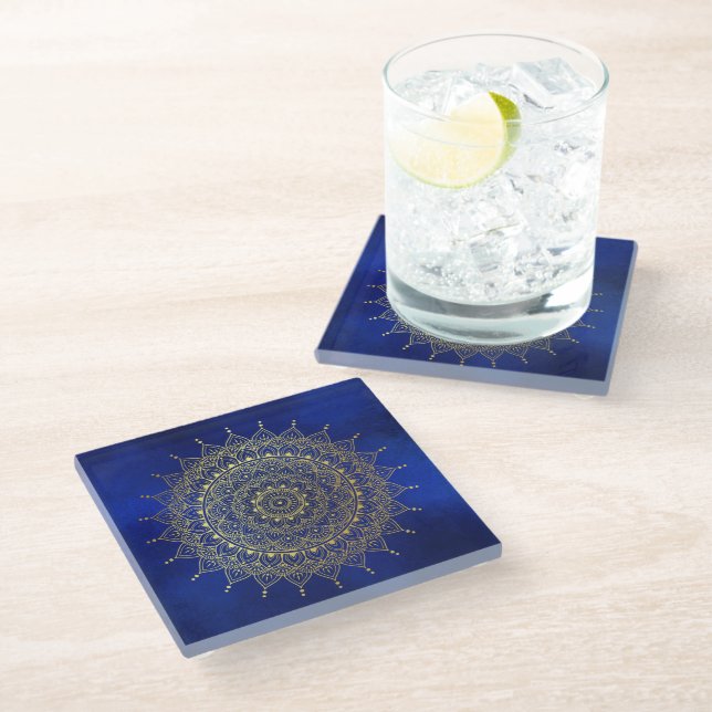Elegant Gold on Deep Blue Floral Henna Mandala Glass Coaster (Angled)