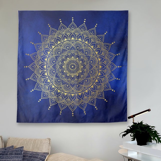 Elegant Gold on Deep Blue Floral Henna Mandala Tapestry (Creator Uploaded)