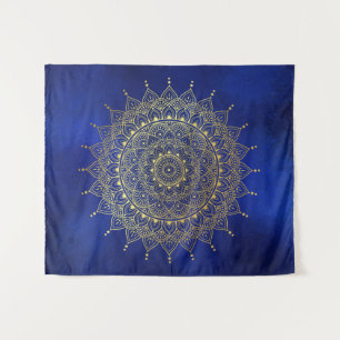 Elegant Gold on Deep Blue Floral Henna Mandala Tapestry