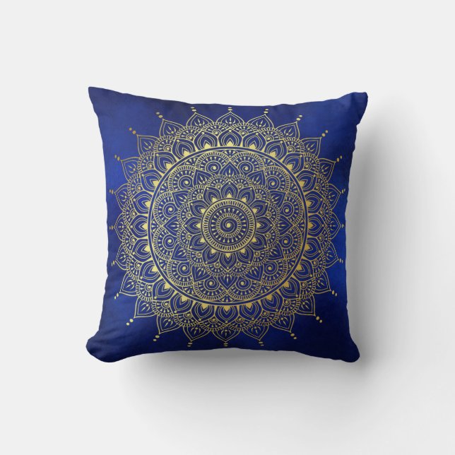 Elegant Gold on Deep Blue Floral Henna Mandala Throw Pillow (Front)