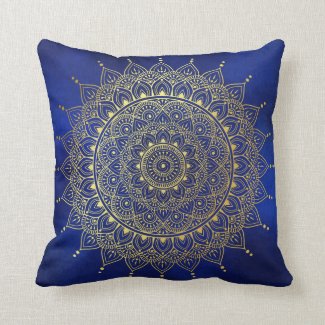 Elegant Gold on Deep Blue Floral Henna Mandala Throw Pillow