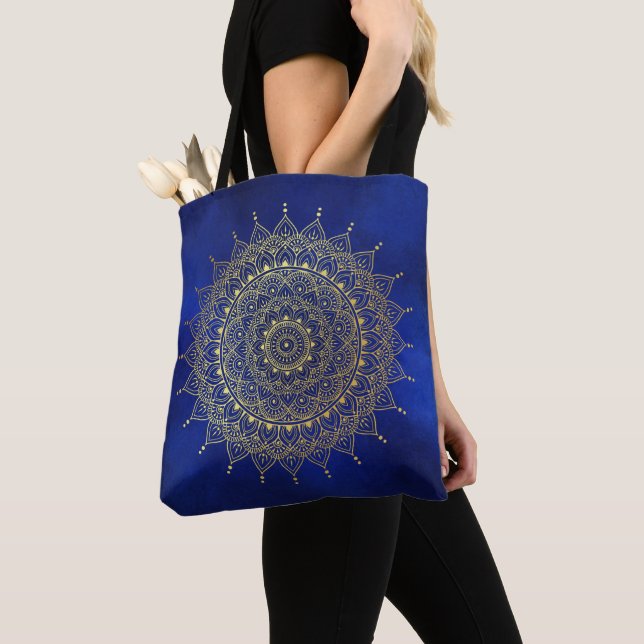 Elegant Gold on Deep Blue Floral Henna Mandala Tote Bag (Close Up)