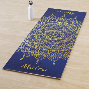 Elegant Gold on Deep Blue Floral Henna Mandala Yoga Mat