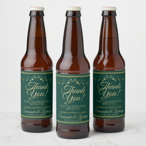 Elegant Gold on Emerald Green Wedding Thank You Beer Bottle Label