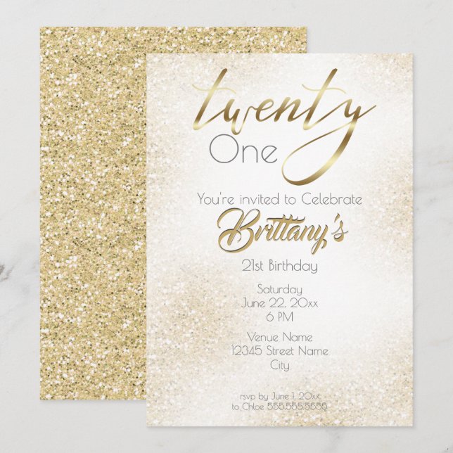 Elegant Gold on Gold Glitter and Calligraphy 21st Invitation (Front/Back)