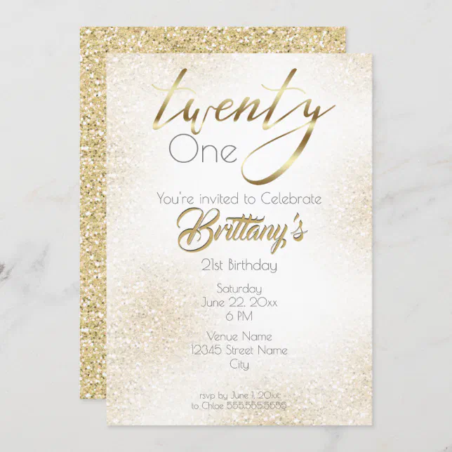 Elegant Gold on Gold Glitter and Calligraphy 21st Invitation | Zazzle