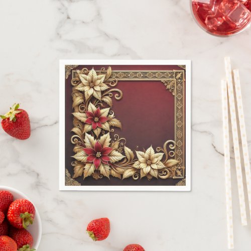 Elegant Gold on Red Poinsettia Frame Decoupage Napkins