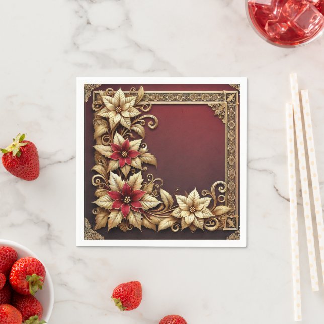 Elegant Gold on Red Poinsettia Frame Decoupage Napkins (Insitu)