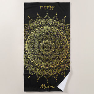 Elegant Gold on Soft Black Floral Henna Mandala Beach Towel