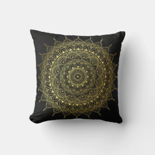 Elegant Gold on Soft Black Floral Henna Mandala Throw Pillow