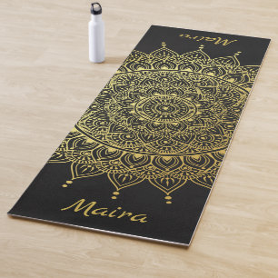 Elegant Gold on Soft Black Floral Henna Mandala Yoga Mat