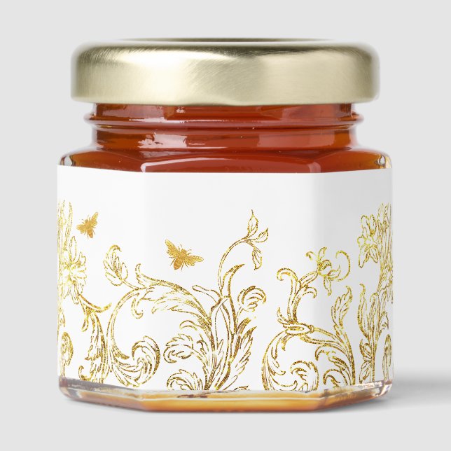Elegant Gold on White Floral Border Honey Jar Favors (Front)