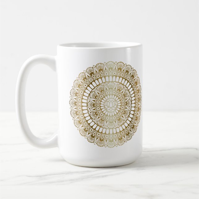 Elegant Gold on White Lotus Henna Mandala Coffee Mug (Left)