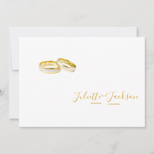 Elegant gold on white | personalized wedding rings invitation (Front)
