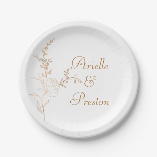 Elegant Gold on White Rose Stem Paper Plate