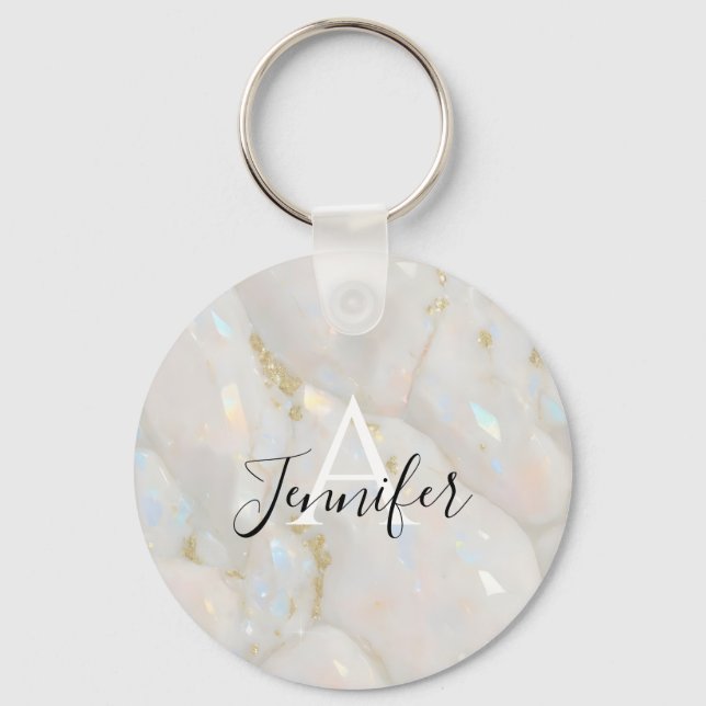 Elegant Gold Opal Gemstone Custom Name Monogram Keychain (Front)