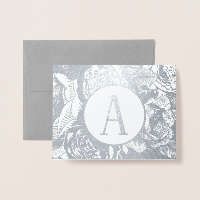 Elegant Gold or Silver Rose Floral Monogram Foil Card (Front With Envelope)