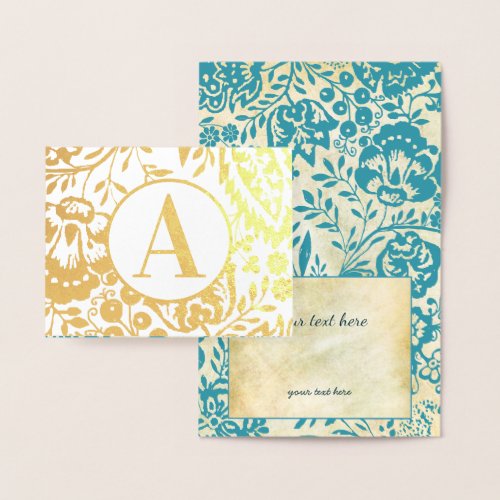 Elegant Gold or Silver Teal Floral Monogram Foil Card