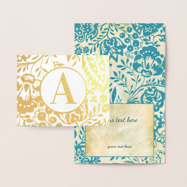 Elegant Gold or Silver Teal Floral Monogram Foil Card (Display)