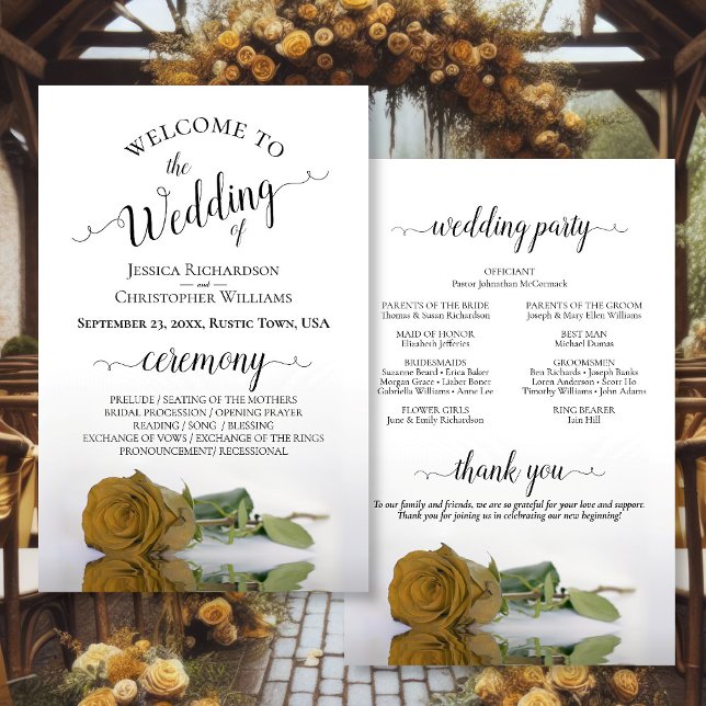 Elegant Gold or Yellow Rose Budget Wedding Program (Front/Back)