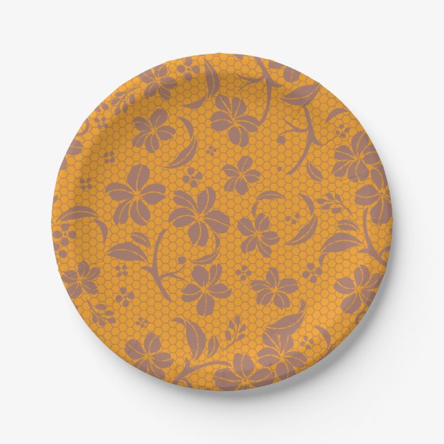 Elegant Gold Orange Lacey Design Paper Plates (Front)