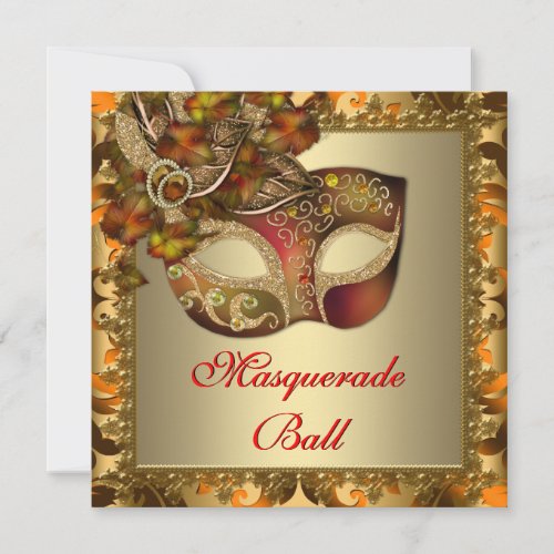 Elegant Gold Orange Red Masquerade Party Personalized Invitations