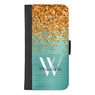 Elegant Gold Orange Teal Monogram Glitter Girly iPhone 8/7 Plus Wallet Case