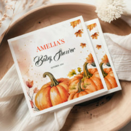 Elegant Gold Orange Watercolor Pumpkin Fall Leaves Napkins