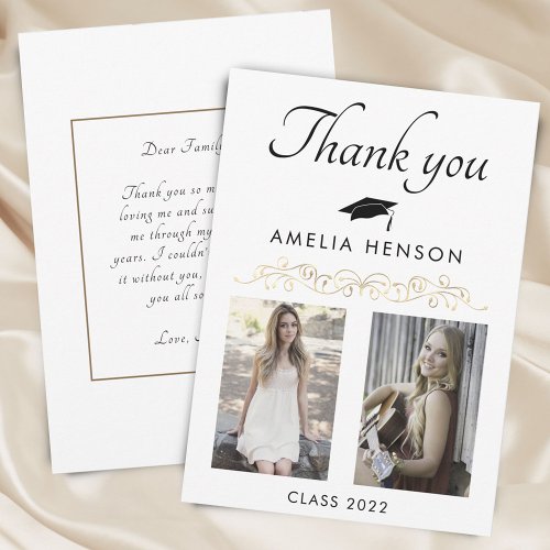 Elegant Gold Ornament 2 Photo Graduation Thank You Card