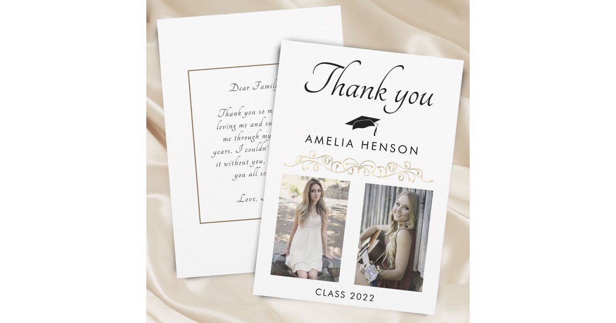 Elegant Gold Ornament 2 Photo Graduation Thank You Card | Zazzle