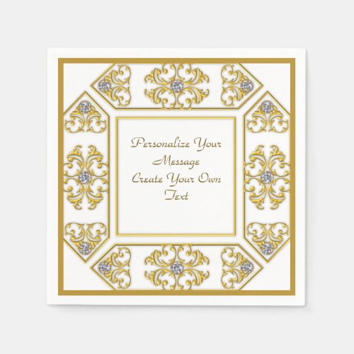 Elegant Gold Ornament Border Diamonds Personalize Napkins