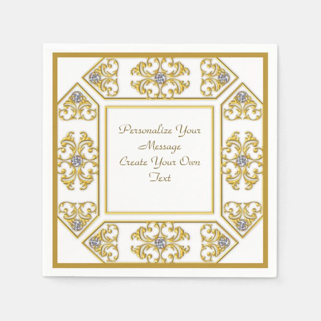 Elegant Gold Ornament Border Diamonds Personalize Napkins (Front)