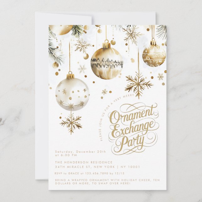Elegant Gold Ornament Exchange Christmas Party Invitation (Front)