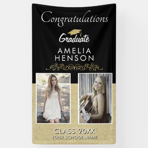 Elegant Gold Ornament Graduate 2 Photo Graduation Banner